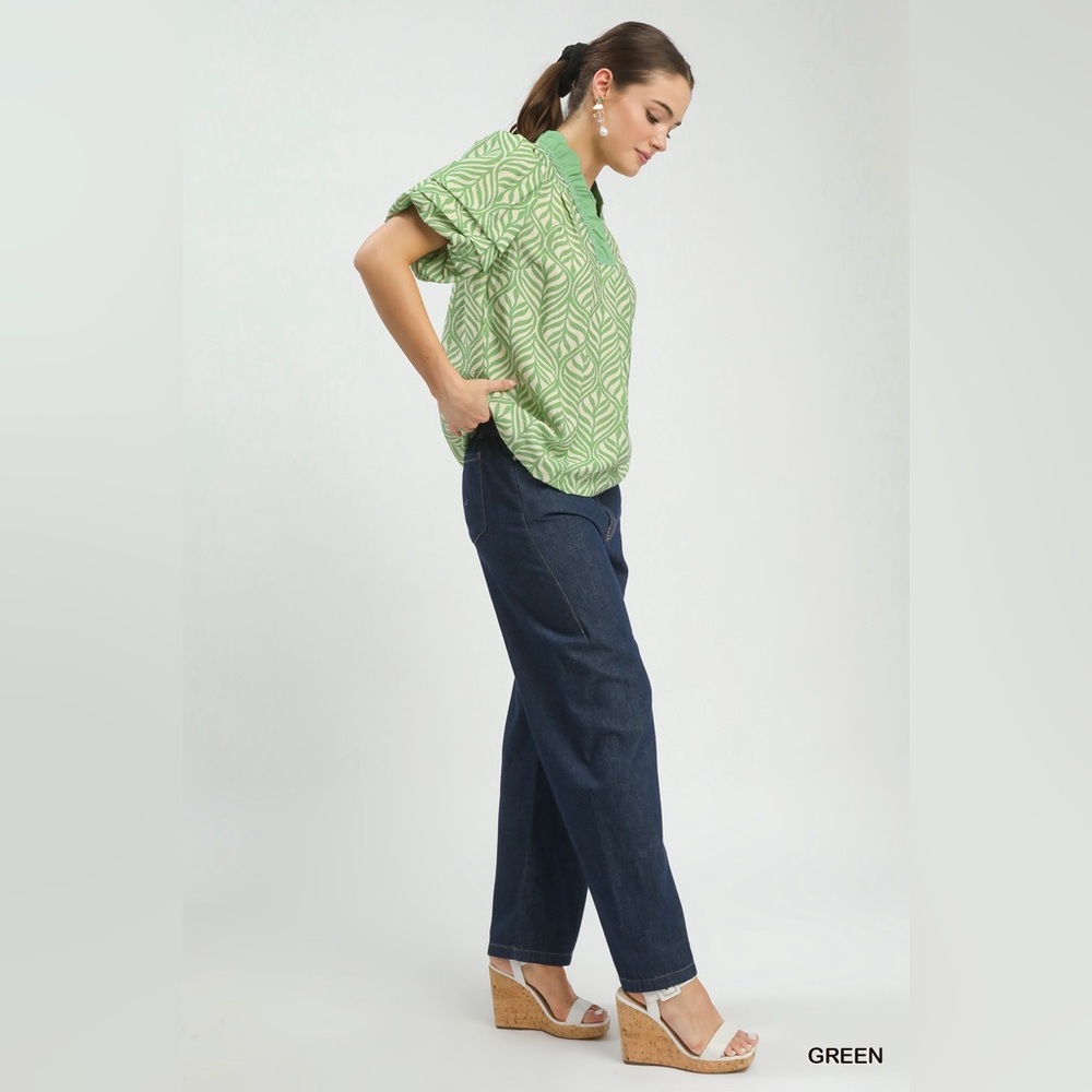 💚 Umgee Printed Puff Sleeve Ruffle Neck Top 💚🛍️ - Picture 5 of 7